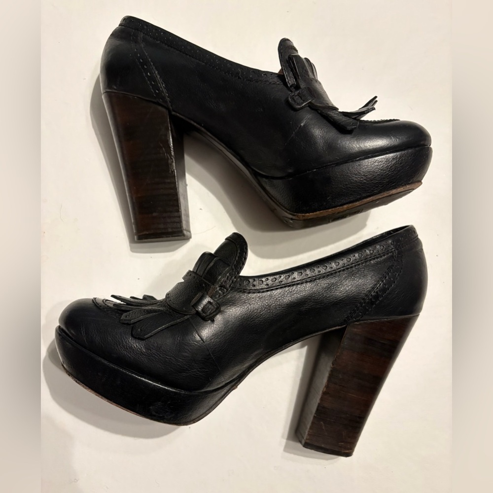 Frye Black Leather Naiya Kiltie Platform Loafers Size 10 - like new - Picture 3 of 10
